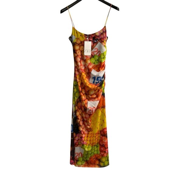 Zara Dress Womens M Ruched Mesh Fruit Stand Strappy Bodycon Maxi Y2K‎ Festival - Picture 1 of 13